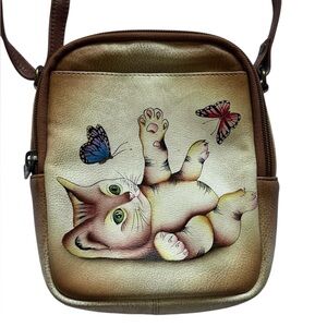 Anuschka Cream Tan Rare Mini Kitten Butterfly Purple Lining Boho Crossbody Bag